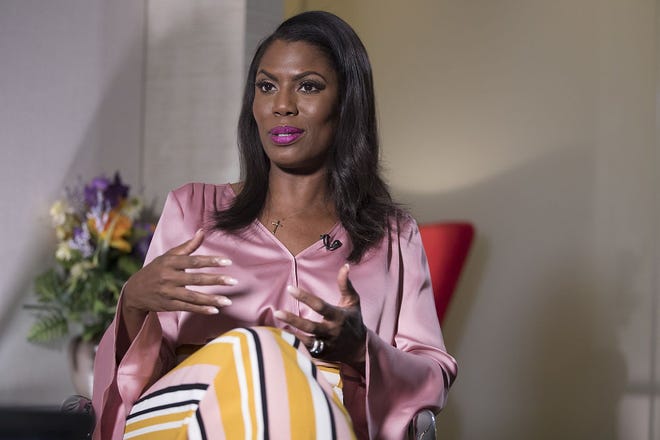Former White House staffer Omarosa Manigault Newman speaks during an interview with The Associated Press Tuesday in New York. Manigault Newman declared she “will not be silenced” by President Donald Trump, remaining defiant as her public feud with her former boss shifted from a war of words to a possible legal battle. [MARY ALTAFFER/ASSOCIATED PRESS]