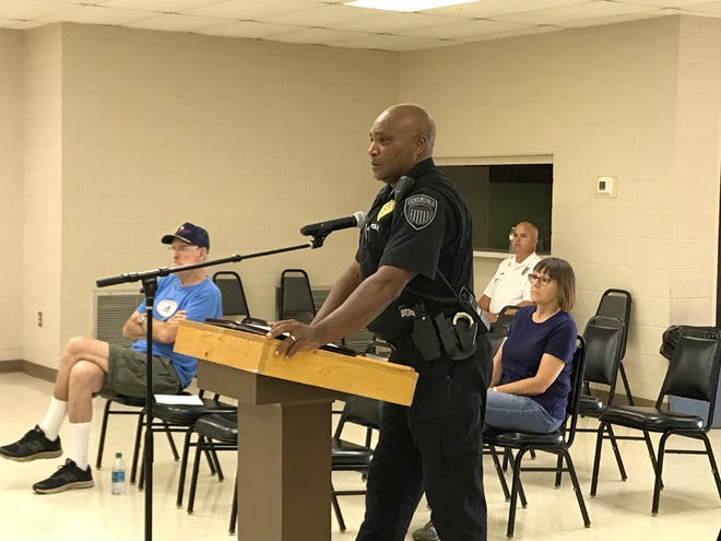 Raisin Police Department Chief Kevin Grayer presents his request to purchase a 2018 Ford F-150 police pickup truck Monday at a board meeting.