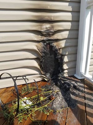 Saranac's Jenny Kodat said a potted plant she purchsed from Meijer several weeks ago mysteriously burst into flames on Sunday afternoon on her back porch. [Contributed]