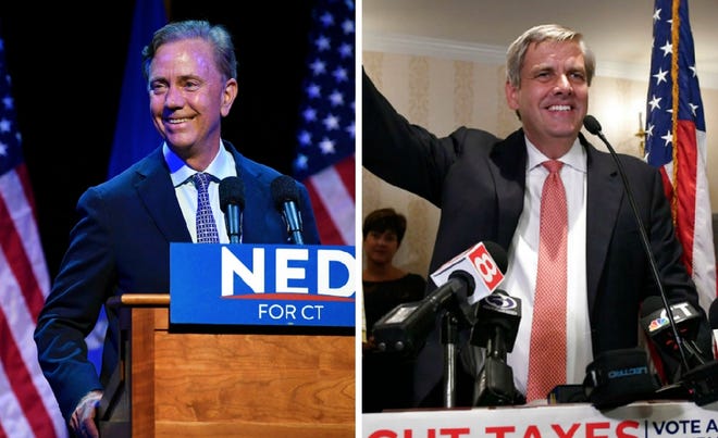 Connecticut gubernatorial candidate Ned Lamont celebrates after defeating Joe Ganim in the Democratic primary in New Haven, Conn., Tuesday, Aug. 14, 2018. (AP Photo/Jessica Hill); Connecticut gubernatorial candidate Bob Stefanowski celebrates after defeating four other contenders in the Republican primary, in Madison, Conn., Tuesday, Aug. 14, 2018. (AP Photo/Jessica Hill)