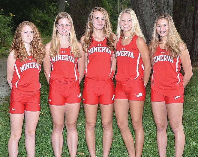 Returning letter winners for the 2018 Minerva girls cross country team are (left to right) Aubrey Dunham, Kala Eddy, Nelle Yankovich, Sarah Carver and Kenzie Fountain.