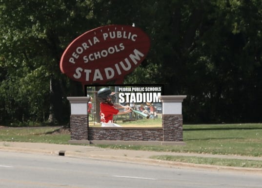 SUPPLIED PHOTO An artist's conception of how proposed digital advertising signs would wrap around the current entrance sign at Peoria Stadium.