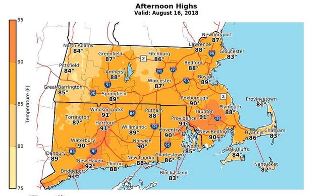 High temperatures will approach the 90s inland today, 80s along the coast.