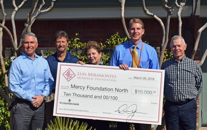 Accepting donations for Mercy Medical Center Mt. Shasta’s 3D mammography upgrade are Luis Miramontes Memorial Foundation’s David Jackson and Curtis Bryon, Mercy Foundation North President Maggie Redmon, and Mercy Mt. Shasta’s Rodger Page and Steven Gaines.