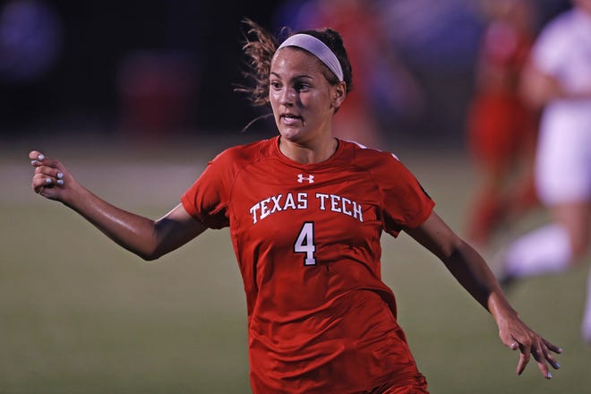 Texas Tech's Charlotte Teeter (4) runs toward the ball during a Friday nonconference game against New Mexico at the John Walker Soccer Complex. Teeter, a freshman, scored the first goal of the match in the 31st minute. [Brad Tollefson/A-J Media]