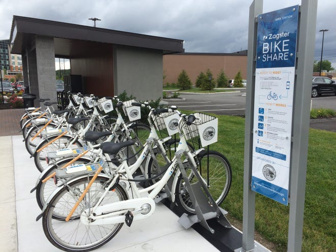 The latest Zagster bike share station has opened at the new Apex Center on Rte. 20 in Marlborough. [Daily News Staff Photo/Jonathan Phelps]