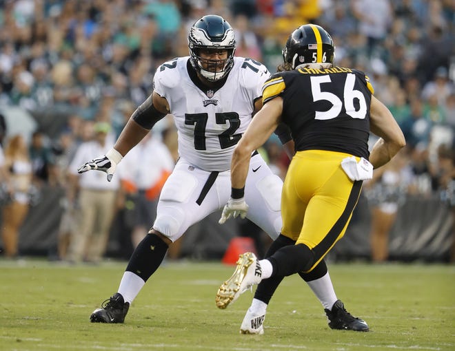 Eagles offensive tackle Halapoulivaati Vaitai drops back to pass-block during the preseason opener against the Steelers. [WINSLOW TOWNSON/THE ASSOCIATED PRESS]