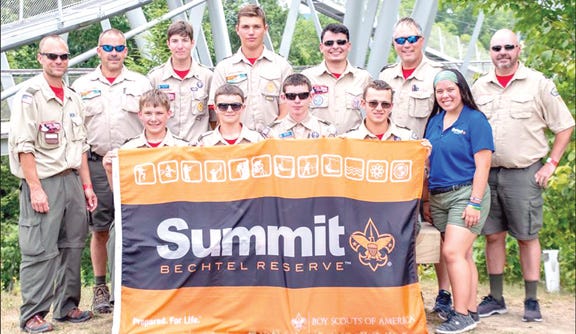 A contingent of the area’s finest scouts from Troop #105 of the Sault and Troop #122 of Rudyard were greeted at the Summit Bechtel Reserve in Beckley, West Virginia. Trey Atkinson, Grant Chapman, Wyatt Hunt, Robbie Landis, Jasper Lieurance, Kyle Pine and Ezra Smith were joined by adult leaders Ben Hunt, Rob Landis, Dave Pine and Nathan Smith on this venture that wound up more than 1,000 miles away from its original destination.