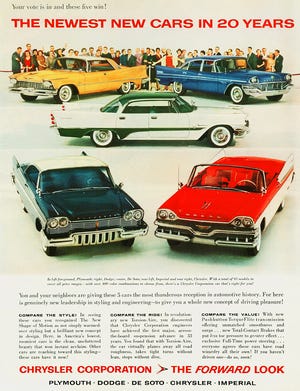 Here’s an ad for the entire line of the 1957 Chrysler Corporation family of cars. Included are Chrysler, Imperial, Plymouth, Dodge and Desoto, all sporting new “cab forward” aerodynamic designs and sporting some very large tail fins. A ’57 New Yorker 4-door started at $4,171 while the smaller Windsor began at $3,088. [Fiat/Chrysler]