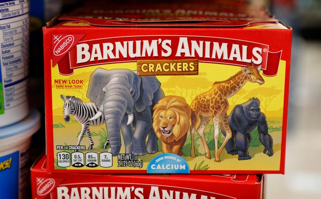 This Monday, Aug. 20, 2018, photo shows a box of Nabisco Barnum's Animals crackers on the shelf of a local grocery store in Des Moines, Iowa. Mondelez International says it has redesigned the packaging of its Barnum’s Animals crackers after relenting to pressure from People for the Ethical Treatment of Animals. (AP Photo/Charlie Neibergall)