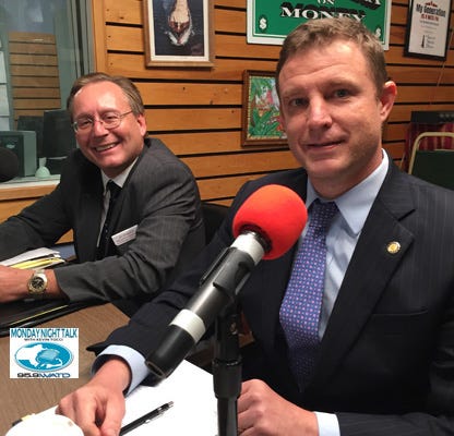 Jay McMahon, left, and Dan Shores, Republican candidates for attorney general in the Sept. 4 primary, in an appearance on WATD in Marshfield on Monday, Ayug. 20, 2018. (WATD)