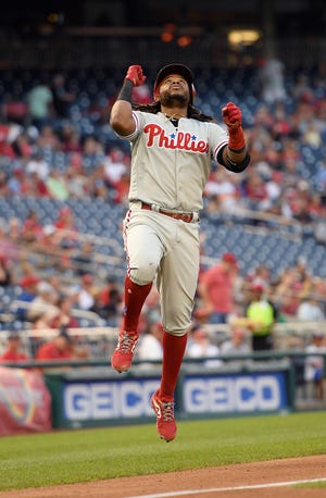 The Phillies' Maikel Franco celebrates his two-run home run during Wednesday's game against the Nationals. [Nick Wass/The Associated Press]