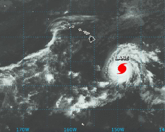 This NASA satellite imagery shows Hurricane Lane in the Central Pacific Ocean southeast of the Hawaiian Islands at 2:01 p.m. HST Monday. National Weather Service forecasters warn that the entire state of Hawaii needs to brace for a possible hurricane strike because of the uncertainty of Lane's path and its intensity. [NASA via AP]