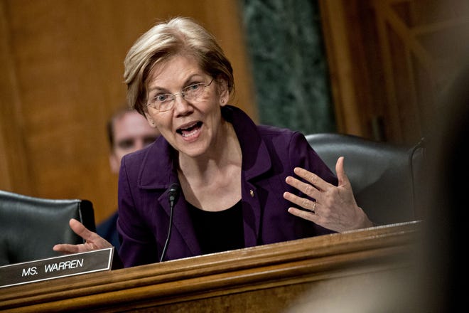 Sen. Elizabeth Warren, D-Mass., during a Senate Banking Committee confirmation hearing for in Washington on May 15, 2018. MUSTS CREDIT: Bloomberg photo by Andrew Harrer.