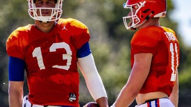 Florida quarterbacks Feleipe Franks, left, and Kyle Trask are competing for the starting role. (Lauren Bacho/The Gainesville Sun)
