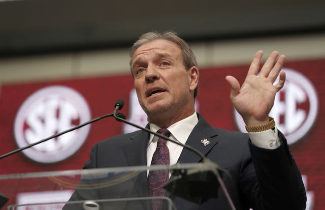 In this July 16 file photo, Texas A&M head coach Jimbo Fisher speaks at Southeastern Conference Media Days in Atlanta. [JOHN BAZEMORE/AP PHOTO]
