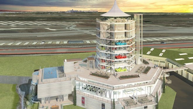 An artist’s rendering shows a proposed car club tower at Circuit of the Americas, as part of a project being considered by Forza-COTA Ventures.Credit: Bercy Chen Studio
