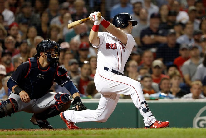 Boston Red Sox's Andrew Benintendi follows through on a three-run double against the Cleveland Indians during the fourth inning of a baseball game Wednesday, Aug. 22, 2018, in Boston. (AP Photo/Winslow Townson)