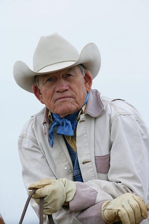 Boots O'Neal, a working cowboy on the Four Sixes Ranch, has done much of his work from a saddle for 70 years.

[Provided photo by Jim Jenings]