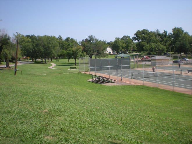 Looking north from the ridge, Goodholm Park, 2701 N Robinson Ave., with its tennis courts, playground and picnic area stretches toward its northern boundary at NW 27.  [Photo by Mary Phillips, for The Oklahoman]