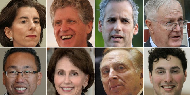 Some of the politicians who offered their thoughts on the idea of using federal funding for guns in schools. Top row, from left: Gov. Gina Raimondo, Lt. Gov. Daniel McKee, and Democratic candidates for governor: Matthew A. Brown and Spencer E. Dickinson. Bottom row, from left: Candidates for governor: Republicans Allan W. Fung and Patricia Morgan, Independent Joseph A. Trillo and Democratic candidate for lieutenant governor J. Aaron Regunberg. [Providence Journal file photos]