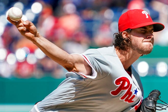 Philadelphia Phillies starting pitcher Aaron Nola (27) pitches in the eighth inning of a baseball game against the Washington Nationals at Nationals Park Thursday, Aug. 23, 2018, in Washington. The Phillies won 2-0. (AP Photo/Andrew Harnik)