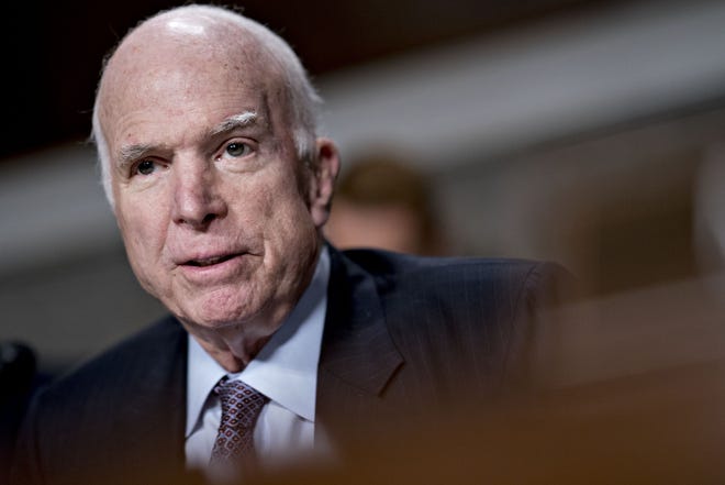 Sen. John McCain, R-Ariz., speaks during a hearing in Washington, D.C., U.S., on Thursday, Nov. 30, 2017. MUST CREDIT: Bloomberg photo by Andrew Harrer