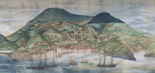 The island of Faial, Azores, as it is depicted in the Grand Panorama of a Whaling Voyage ‘Round the World.