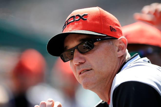 Chicago White Sox acting manager Joe McEwing watches his team play the Detroit Tigers in the fourth inning of a baseball game in Detroit, Thursday, Aug. 23, 2018. (AP Photo/Jose Juarez)
