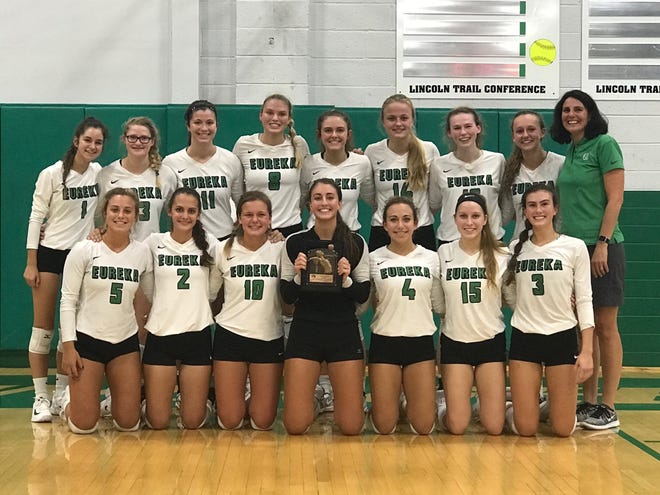 Eureka poses with its championship plaque after winning the Wethersfield Tournament over Orion. (Photo courtesy: Julene Grider)