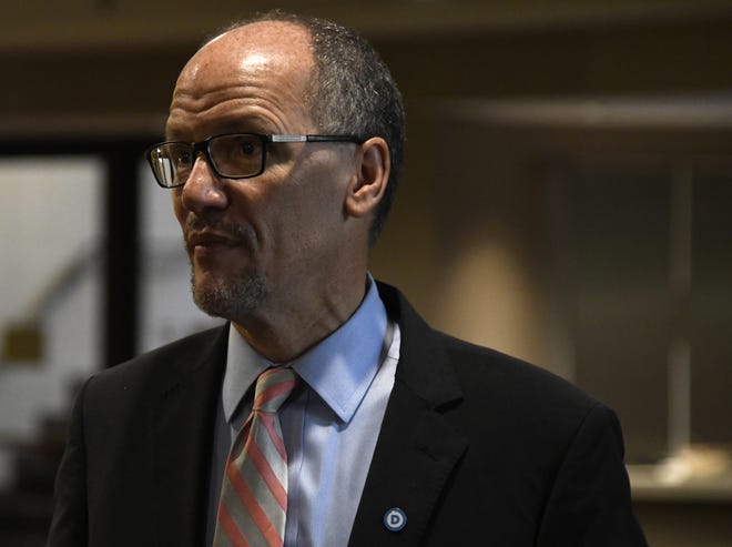 Chairman of the Democratic National Committee Tom Perez pauses after a session during the DNC's summer meeting, Friday, Aug. 24, 2018, in Chicago. (AP Photo/Annie Rice)