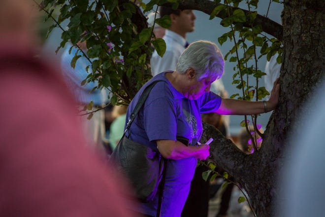 Peggy Williams leans on a tree for strength during a vigil for overdose victims in Holbrook in 2017. [Wicked Local file photo/Carolyn Bick]