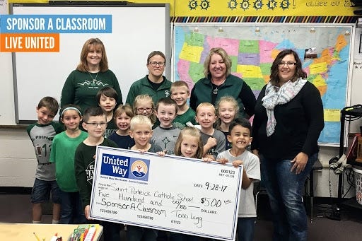 The staff and kids from this classroom at Portland St. Patrick received a check from the "Sponsor a Classroom" program in 2017. [Contributed]