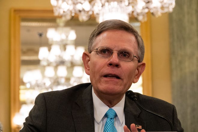 Kelvin Droegemeier responds to questions from senators during a Senate Commerce Committee hearing Thursday in Washington. [Photo provided by Megan Ross, Gaylord News]