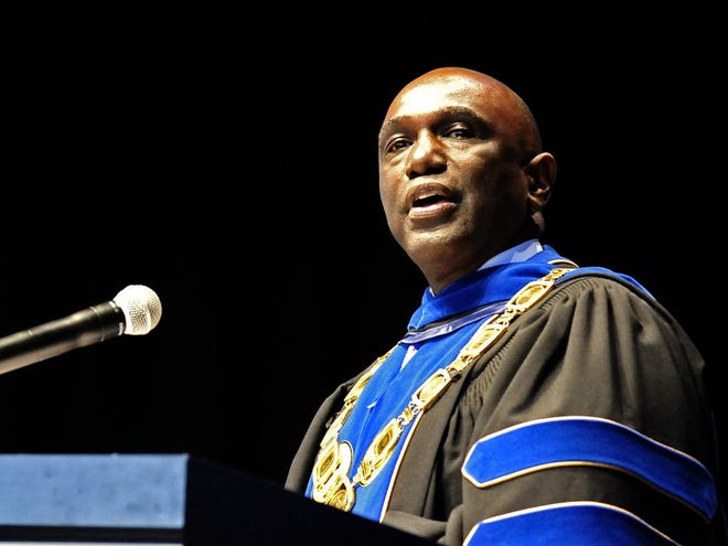 Chancelor Robert Johnson gives his welcome to the students during his first UMass Dartmouth commencement held in May at the Xfinity Center in Mansfield.

[DAVID W. OLIVEIRA/STANDARD-TIMES SPECIAL/SCMG]