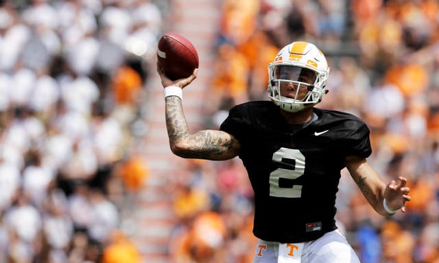 Redshirt sophomore quarterback Jarrett Guarantano was listed alongside graduate transfer Keller Chryst as the top quarterback on Tennessee’s depth chart for Saturday’s season opener against No. 17 West Virginia, which was released on Monday. (C.B. Schmelter/Chattanooga Times Free Press via AP)