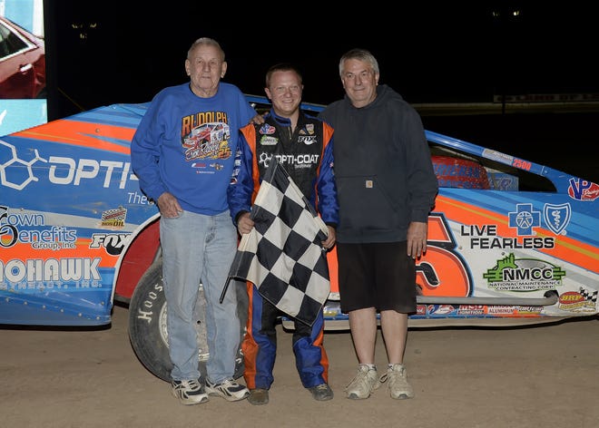 Erick Rudolph celebrated his Modfied points title at Canandaigua with family on Saturday night. [Photo: Don Romeo]