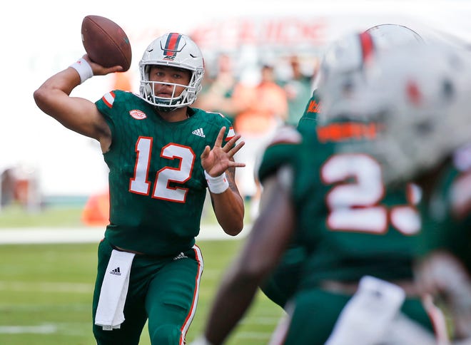 Miami quarterback Malik Rosier (12) throws a pass during the first half of an NCAA College football game against Syracuse on Oct. 21, 2017 in Miami Gardens. [AP Photo/Wilfredo Lee]
