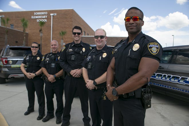 From left, Officer Christa Kemeny, Officer Jeremy Alexander, Officer Conner Deering, Officer Ethan Green and Officer St. Francis Smith are the new resource officers from the Mount Dora Police Department for five area schools. [Cindy Sharp/Correspondent]