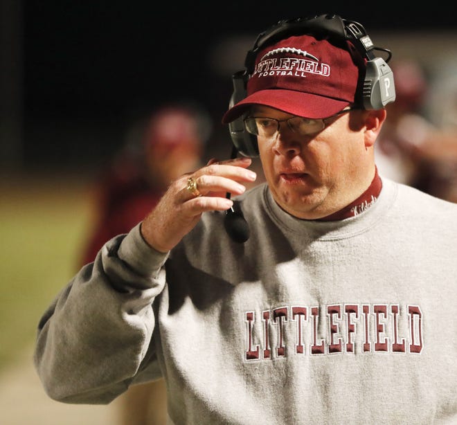 Littlefield head coach Brent Green watches the action from during an Oct. 20, 2017 game against Friona at Wildcat Stadium in Littlefield. The Wildcats are looking to atone for a surprising 2-8 season. [A-J Media/Mark Rogers]