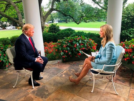 In this video image released by Fox News, President Donald Trump is interviewed for the "Fox & friends" television program by Ainsley Earhardt, shot Wednesday, August 22, 2018 at the White House in Washington. (Fox News via AP)