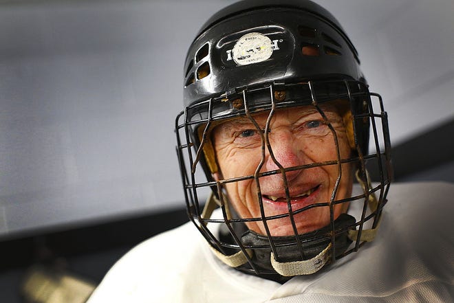 Bill Parsley, 85, of Braintree a goalie with the Quincy Bald Eagles senior hockey team might be the oldest active player in the U.S. on Monday Aug. 27, 2018. Greg Derr/ The Patriot Ledger