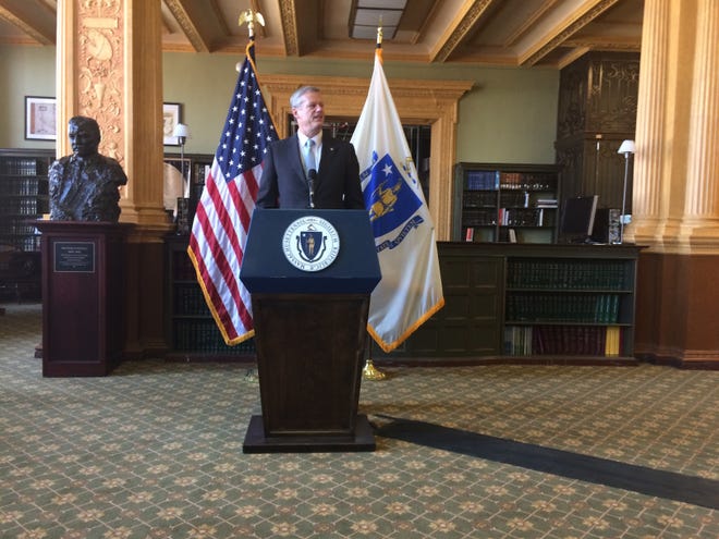 Gov. Charlie Baker joined state and local dignitaries for the announcement in Boston Tuesday of the year-long schedule of signature events for the 2020 Commemoration. [Wicked Local photo/Emily Clark]