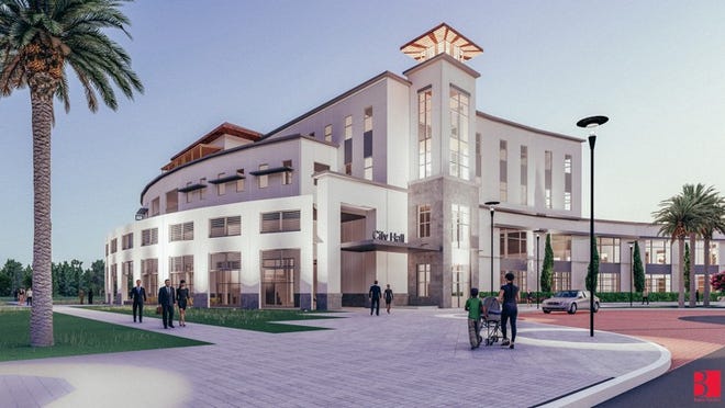 A rendering of the new four-story City Hall and library building (Colin Groff)