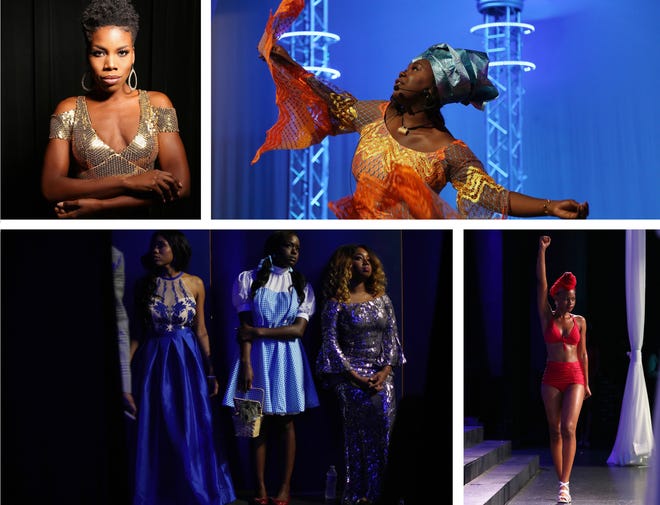 Clockwise from top left: Miss Black America contestant Ryann Richardson of New York; Khadijah Lamah of Maple Grove, Minn. performs a monologue; Shatoyia Jones of Amherst, Mass., in the swimsuit competition; and cpntestants waiting backstage for the talent competition.MUST CREDIT: Photo for The Washington Post by Christopher Smith