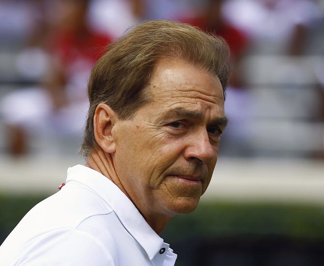 Alabama coach Nick Saban had to recruit six assistant coaches during the offseason while elevating two others to coordinator positions. (AP Photo/Butch Dill, File)