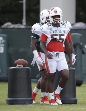Miami linebacker Shaq Quarterman, who played at Oakleaf High, during practice earlier this month. [AP Photo/Lynne Sladky]