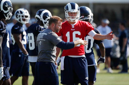 FILE - In this July 27, 2019, file photo, Los Angeles Rams coach Sean McVay talks to quarterback Jared Goff during NFL football practice in Irvine, Calif. That past year was nothing short of outstanding. Coach Sean McVay’s debut team ended the Rams’ streaks of 13 consecutive non-winning seasons and 12 straight non-playoff seasons with an 11-5 run to the team’s first NFC West title since 2003. (AP Photo/Jae C. Hong, Fle)