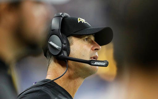 File-This Aug. 20, 2018, file photo shows Baltimore Ravens head coach John Harbaugh watching from the sideline in the first half of an NFL preseason football game against the Indianapolis Colts in Indianapolis. Harbaugh is being pressed to reverse the team’s recent downturn. He isn’t necessary done if Baltimore doesn’t reach the playoffs, yet there’s no guarantee he will survive the inevitable fallout. (AP Photo/Darron Cummings, File)