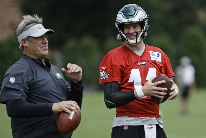 Philadelphia Eagles QB Carson Wentz and coach Doug Pederson talk during practice at the team's training facility in Philadelphia. Wentz is one of several key players who missed Philly's playoff run and are returning from injuries. [AP PHOTO/MATT ROURKE]